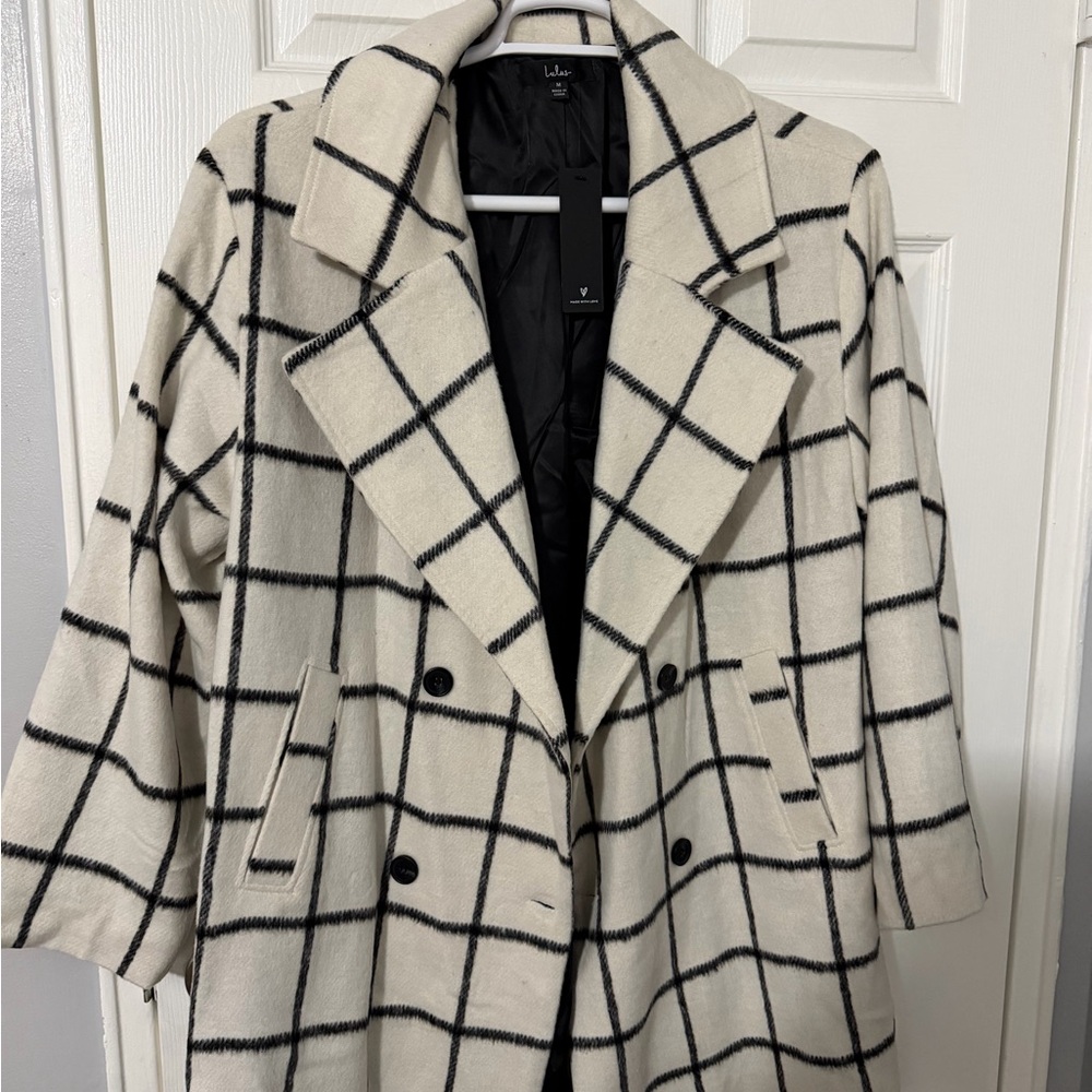 Lulu's Cream and Black Checkered Trench Coat